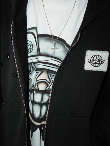 Distressed Patch-Work Zip Up