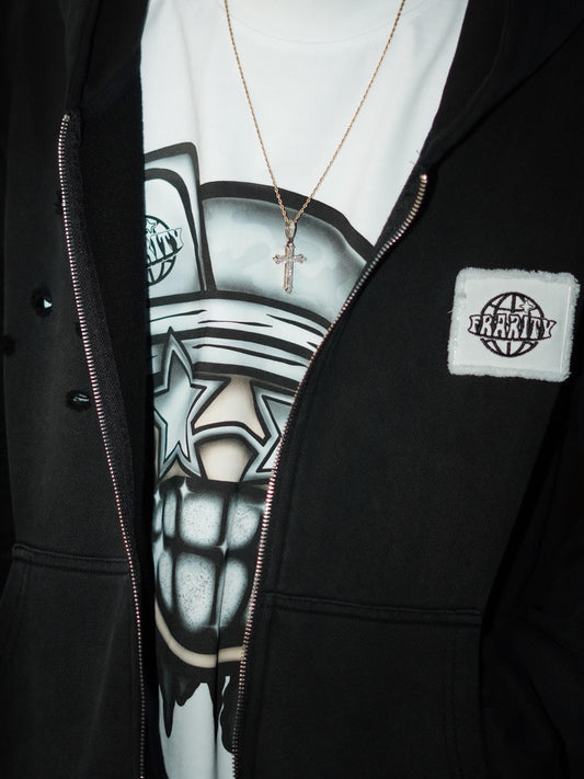 Distressed Patch-Work Zip Up